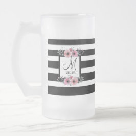 Taza De Cristal Esmerilado Bandas negras y blancas monograma floral rosa