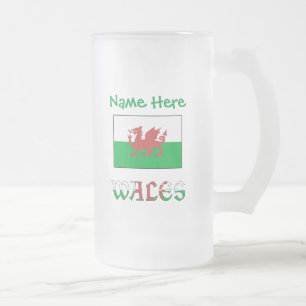 Taza De Cristal Esmerilado Bandera galesa personalizada nombre verde