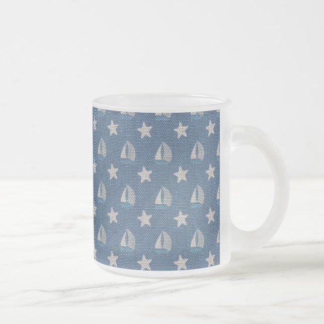 Taza De Cristal Esmerilado Barcos de vela de línea azul (Derecha)