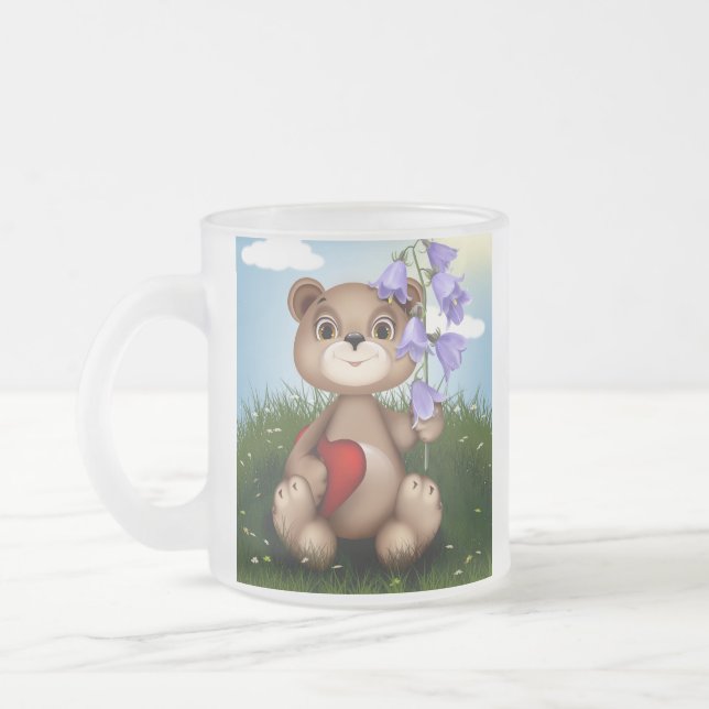 Taza De Cristal Esmerilado Bear Holding Bouquet Flower-30926 (Izquierda)
