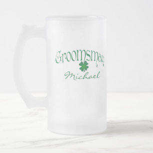 Taza De Cristal Esmerilado Beer Stein, Groomsman verde de Shamrock personaliz