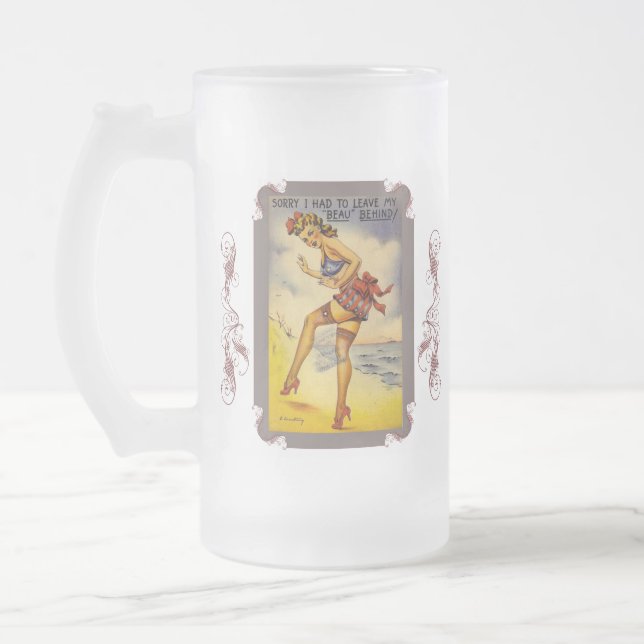 Taza De Cristal Esmerilado Bella de baño de los años 1940 Graciosa cerveza es (Izquierda)