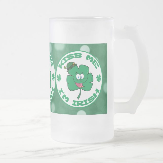 Taza De Cristal Esmerilado Bésame, soy irlandés Clover Face Green Bokeh (Derecha)