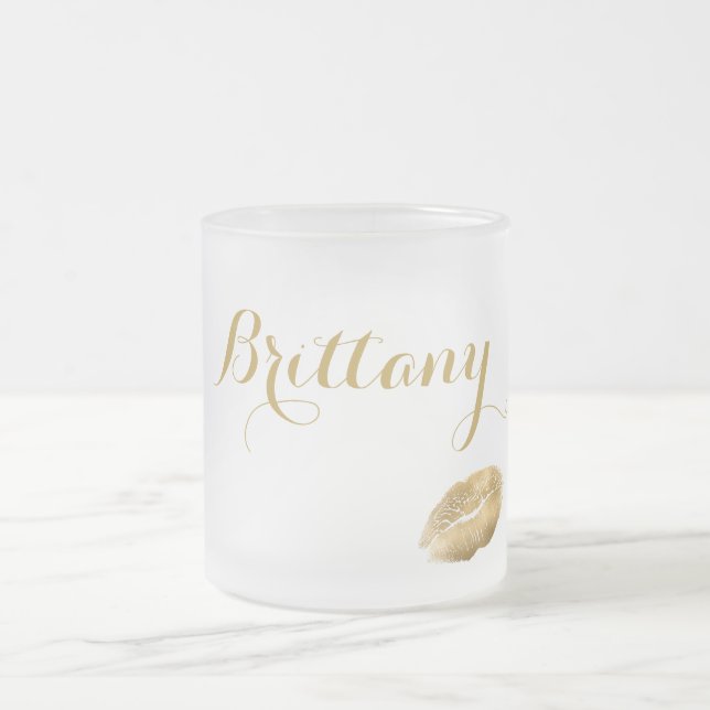 Taza De Cristal Esmerilado Beso de pintalabios dorados personalizado (Centro)