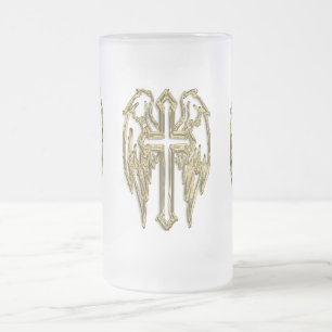 Taza De Cristal Esmerilado blanco cruzado de oro católico