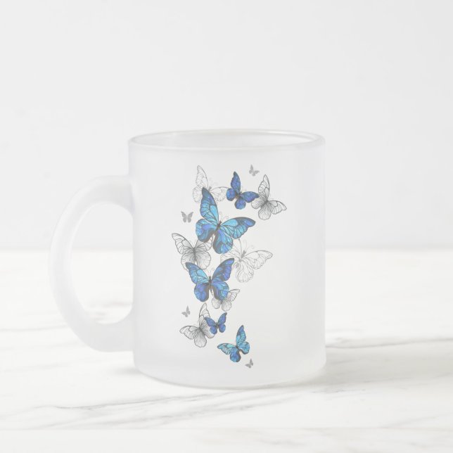 Taza De Cristal Esmerilado Blue Flying Butterflies Morpho (Izquierda)