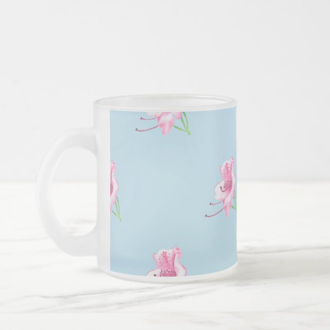 Taza De Cristal Esmerilado Blue mug with pink Lilly's  (Izquierda)