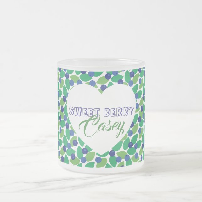 Taza De Cristal Esmerilado Blueberries Pattern Modern Green Blue Customize. (Centro)