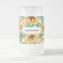 Taza De Cristal Esmerilado Bonito Sunflower Patrón amarillo y verde