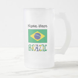 Taza De Cristal Esmerilado Brasil y Bandera Brasileña con tu nombre