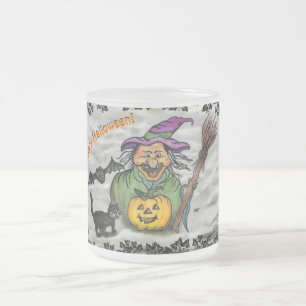 Taza De Cristal Esmerilado Bruja, gato, murciélago y calabaza, ¡Feliz Hallowe