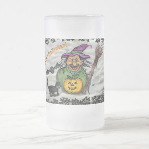 Taza De Cristal Esmerilado Bruja, gato, murciélago y calabaza, ¡Feliz Hallowe