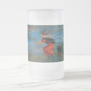 Taza De Cristal Esmerilado Bruja volando con gato negro en la noche de Hallow