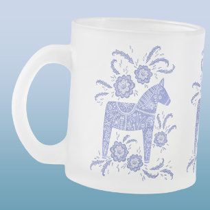 Taza De Cristal Esmerilado Caballos Dala Suecos Azul Violeta y Blanco