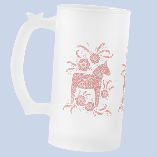 Taza De Cristal Esmerilado Caballos de dala suecos rojo y blanco (Red and white Dala Horse Swedish folk art frosted glass beer mug)