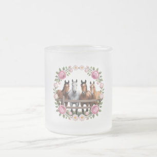 Taza De Cristal Esmerilado Caballos elegantes en arte de guirnalda floral