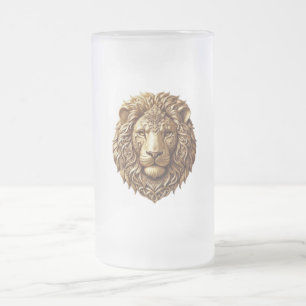 Taza De Cristal Esmerilado Cabeza de León Majestuoso Adorno Tribal Arte Escar