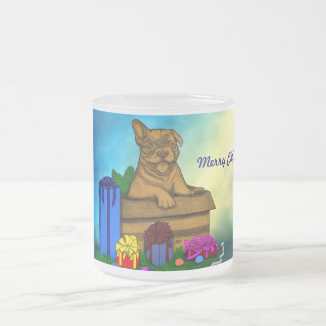Taza De Cristal Esmerilado Cachorro en una caja , Feliz Navidad (Centro)