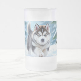 Taza De Cristal Esmerilado Cachorro Malamute en la Nieve