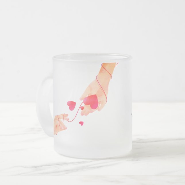 Taza De Cristal Esmerilado "Cadena roja romántica de manos y corazones de des (Anverso izquierdo)
