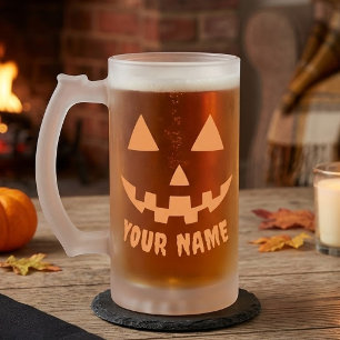 Taza De Cristal Esmerilado Calabaza Naranja Personalizada de Halloween con Tu