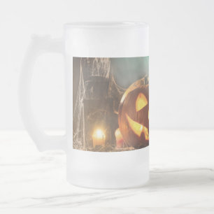 Taza De Cristal Esmerilado Calabazas y murciélagos de Halloween
