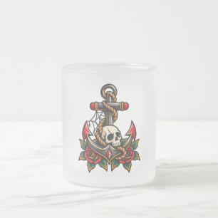 Taza De Cristal Esmerilado Calavera y Ancla