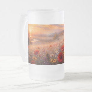 Taza De Cristal Esmerilado Campo de amapolas al atardecer pintura impresionis