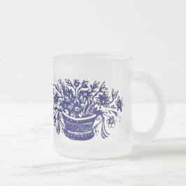 Taza De Cristal Esmerilado Canasta de flores azules y blancas
