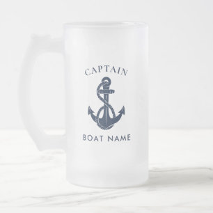 Taza De Cristal Esmerilado Capitán Náutico Personalizado Ancla de Barco Azul