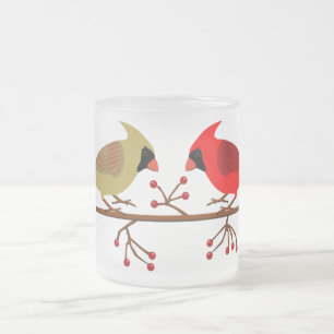 Taza De Cristal Esmerilado Cardenales Navidades y Berries rojos