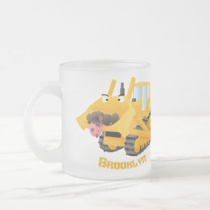 Taza De Cristal Esmerilado Caricatura graciosa amarilla con bulldozer