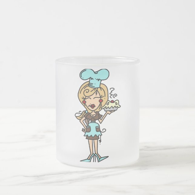 Taza De Cristal Esmerilado Chef pastelero femenino - Camisetas rubias y regal (Centro)