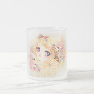 Taza De Cristal Esmerilado Chica rubio hermoso con los rosas