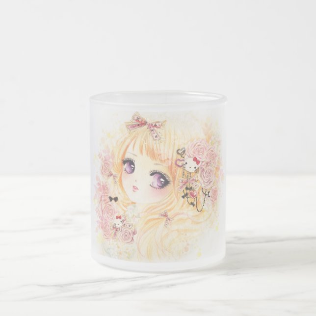 Taza De Cristal Esmerilado Chica rubio hermoso con los rosas (Centro)