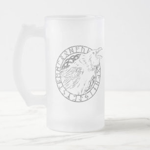 Taza De Cristal Esmerilado Círculo Rúnico Vikingo Cuervo de Odín Huginn Munin