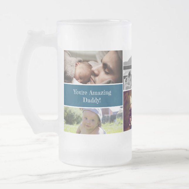 Taza De Cristal Esmerilado collage de fotos de papá personalizado azul (Izquierda)
