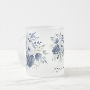Taza De Cristal Esmerilado Comprimido azul y floral blanco