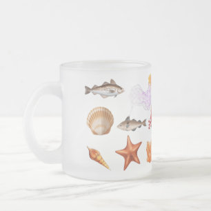Taza De Cristal Esmerilado Conchas marinas y estrellas de mar acuarela Náutic