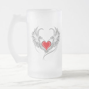 Taza De Cristal Esmerilado Corazón de Ángel Rojo con alas