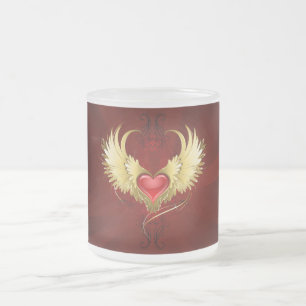 Taza De Cristal Esmerilado Corazón Rojo con Alas Doradas