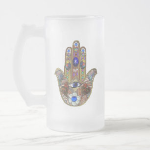 Taza De Cristal Esmerilado Corazones de Hamsa Flores Ópalo Arte en Oro
