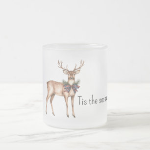 Taza De Cristal Esmerilado Corbata de lazo roja azul ciervo Navidad