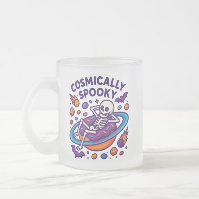 Taza De Cristal Esmerilado Cosmically Spooky Design Space Skeleton Halloween (Izquierda)