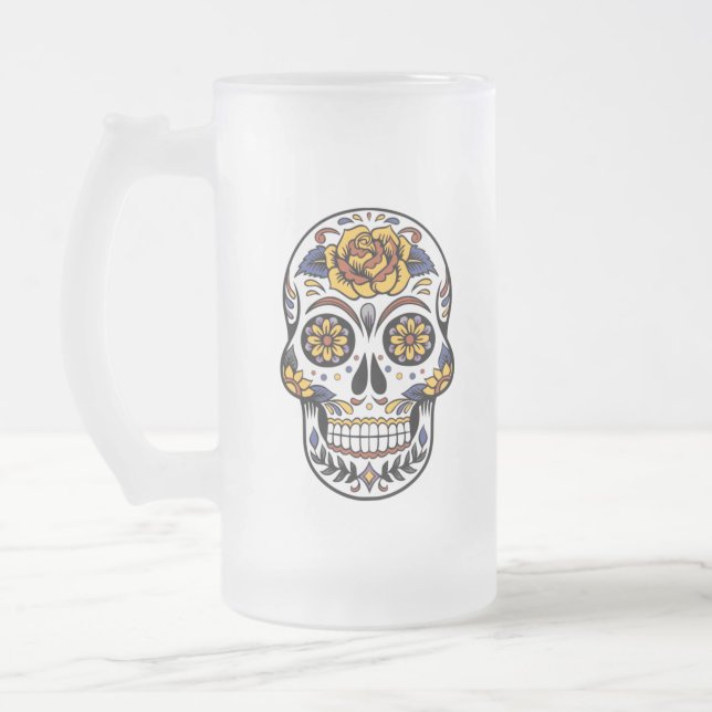 Taza De Cristal Esmerilado Cráneo de azúcar rosa amarillo (Izquierda)