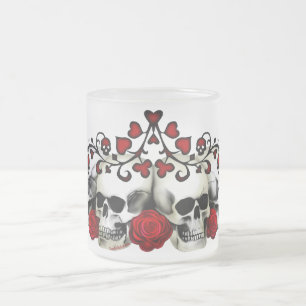 Taza De Cristal Esmerilado Cráneos, corazones y rosas