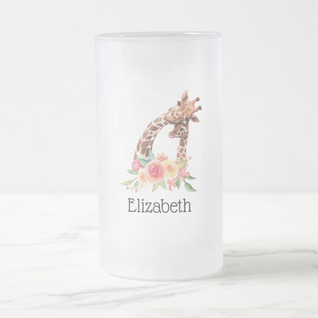 Taza De Cristal Esmerilado Cuidada jirafa acuarela mamá y bebé (Centro)