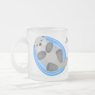 Taza De Cristal Esmerilado Cuidada y feliz nutria azul personalizado ilustrac