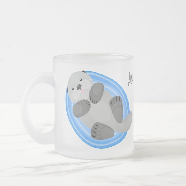 Taza De Cristal Esmerilado Cuidada y feliz nutria azul personalizado ilustrac (Izquierda)