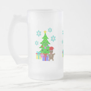 Taza De Cristal Esmerilado Cute Kawaii Face Christmas Tree Scene, ZSG